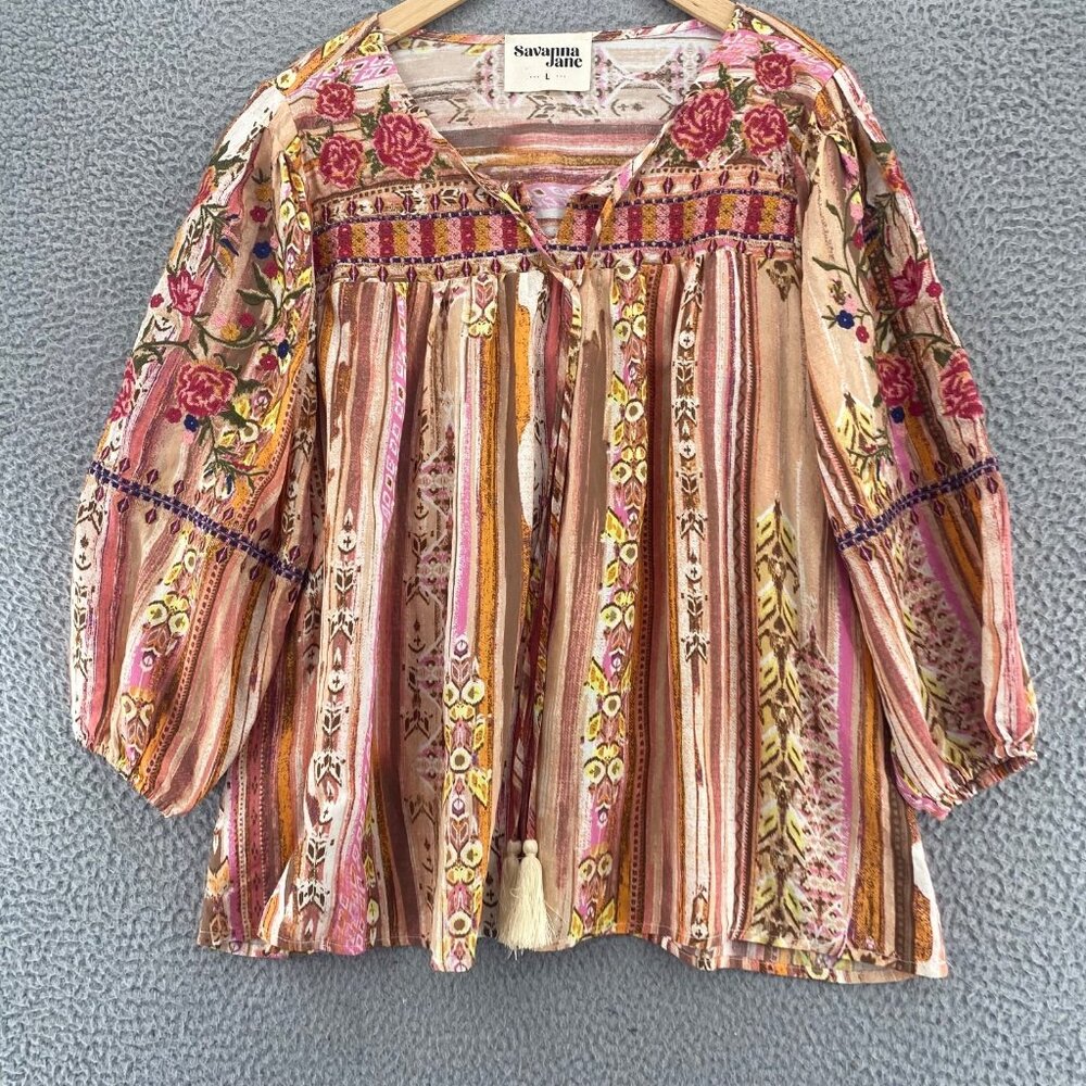 Savanna Jane Top Womens Large Beige Multi Floral Embroidered 3/4 Balloon Sleeve